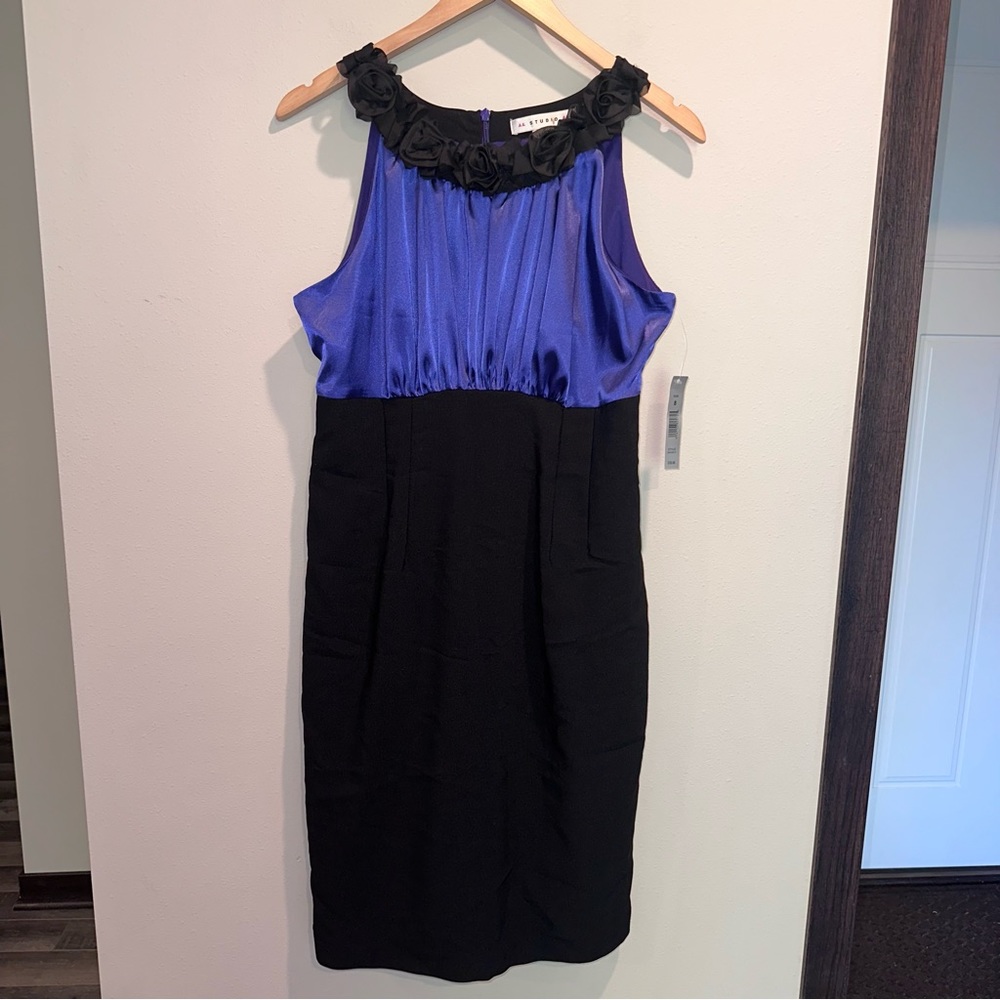 AA Studio Violet Purple Black Rose Neckline Sleeveless Knee Dress Formal Office